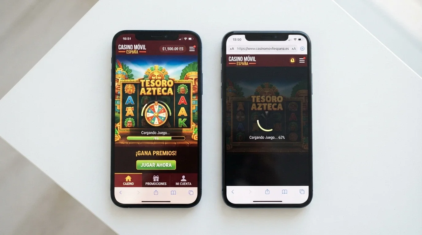 Dos pantallas de móvil una junto a otra: a la izquierda una app nativa de casino con interfaz pulida, a la derecha el mismo casino cargado en el navegador móvil