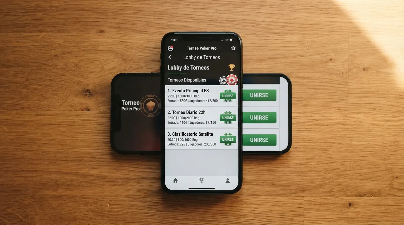 Pantalla de un teléfono móvil mostrando la app de poker de Casino Barcelona con el vestíbulo de torneos