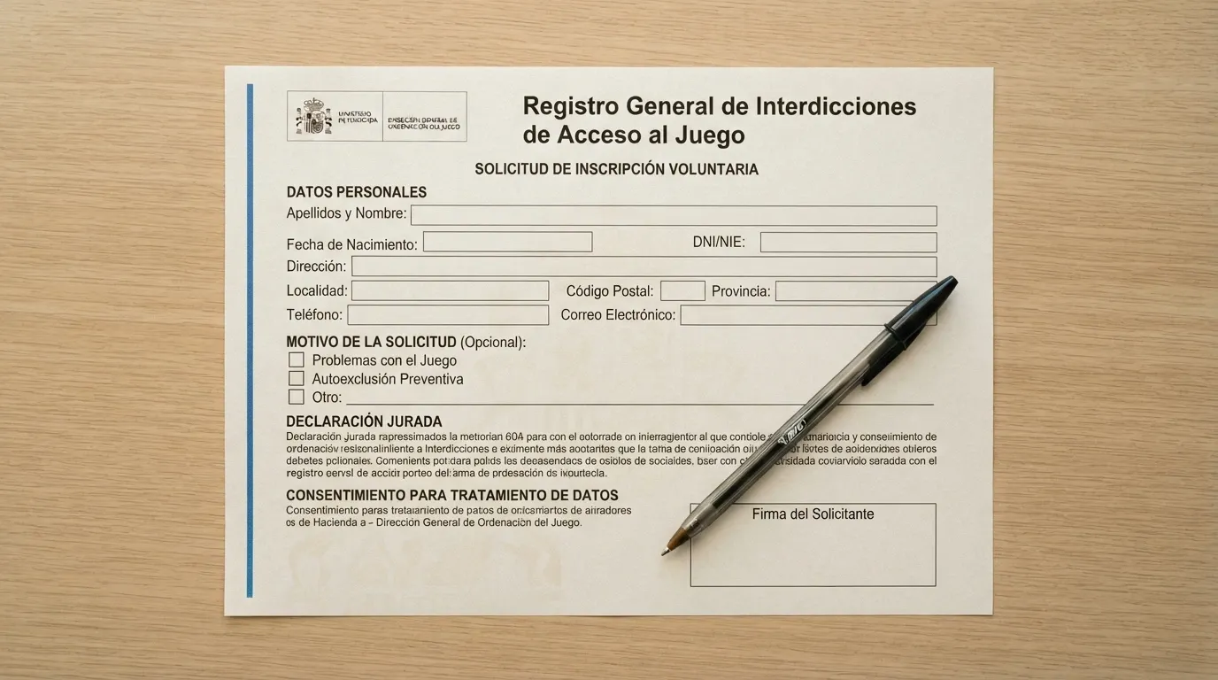 Un formulario de inscripción con el encabezado «Registro General de Interdicciones de Acceso al Juego» y un bolígrafo apoyado sobre la casilla de firma