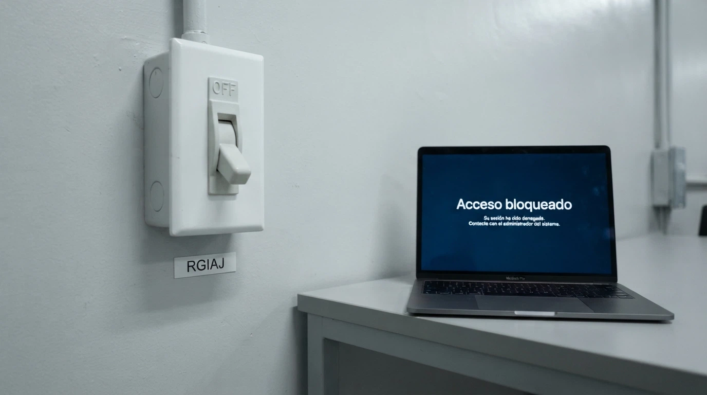 Un interruptor con la etiqueta «RGIAJ» en posición de apagado y una pantalla de ordenador que muestra el mensaje «Acceso bloqueado» en todos los casinos online