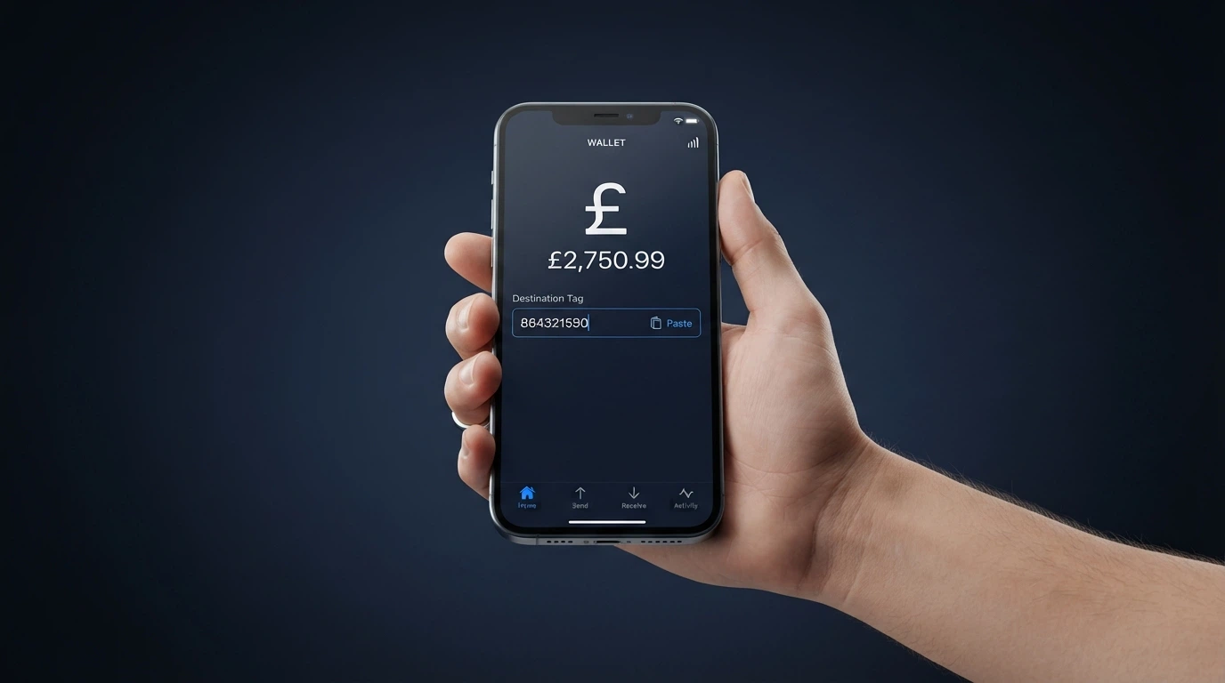 Interfaz de una billetera digital mostrando una transacción de XRP hacia una dirección de casino, con el destination tag y el importe en euros.