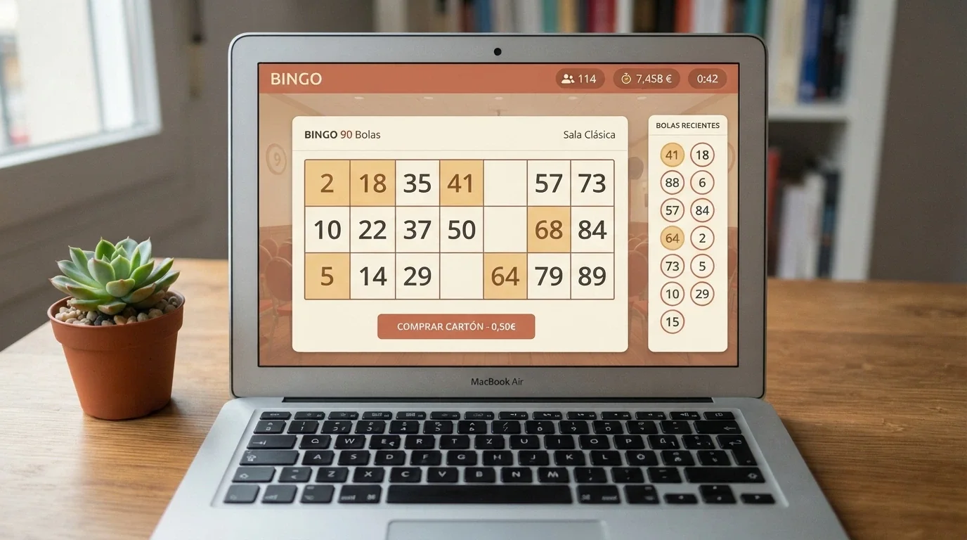Sala virtual de bingo de 90 bolas con el cartón clásico de 3 filas por 9 columnas y 15 números repartidos