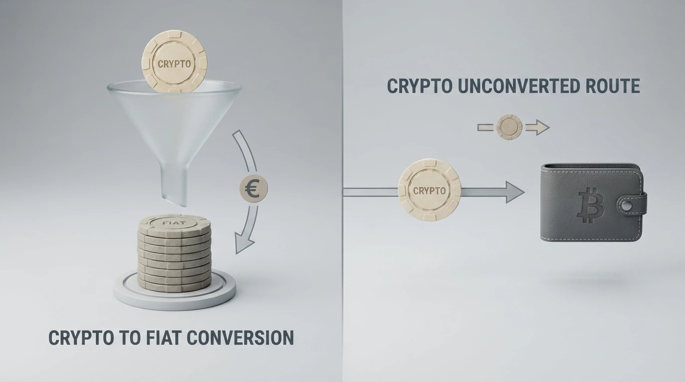 Una pantalla dividida que compara el flujo Bitnovo Pay (conversión DOGE a EUR) frente al depósito directo en cripto (DOGE a la cartera del casino)
