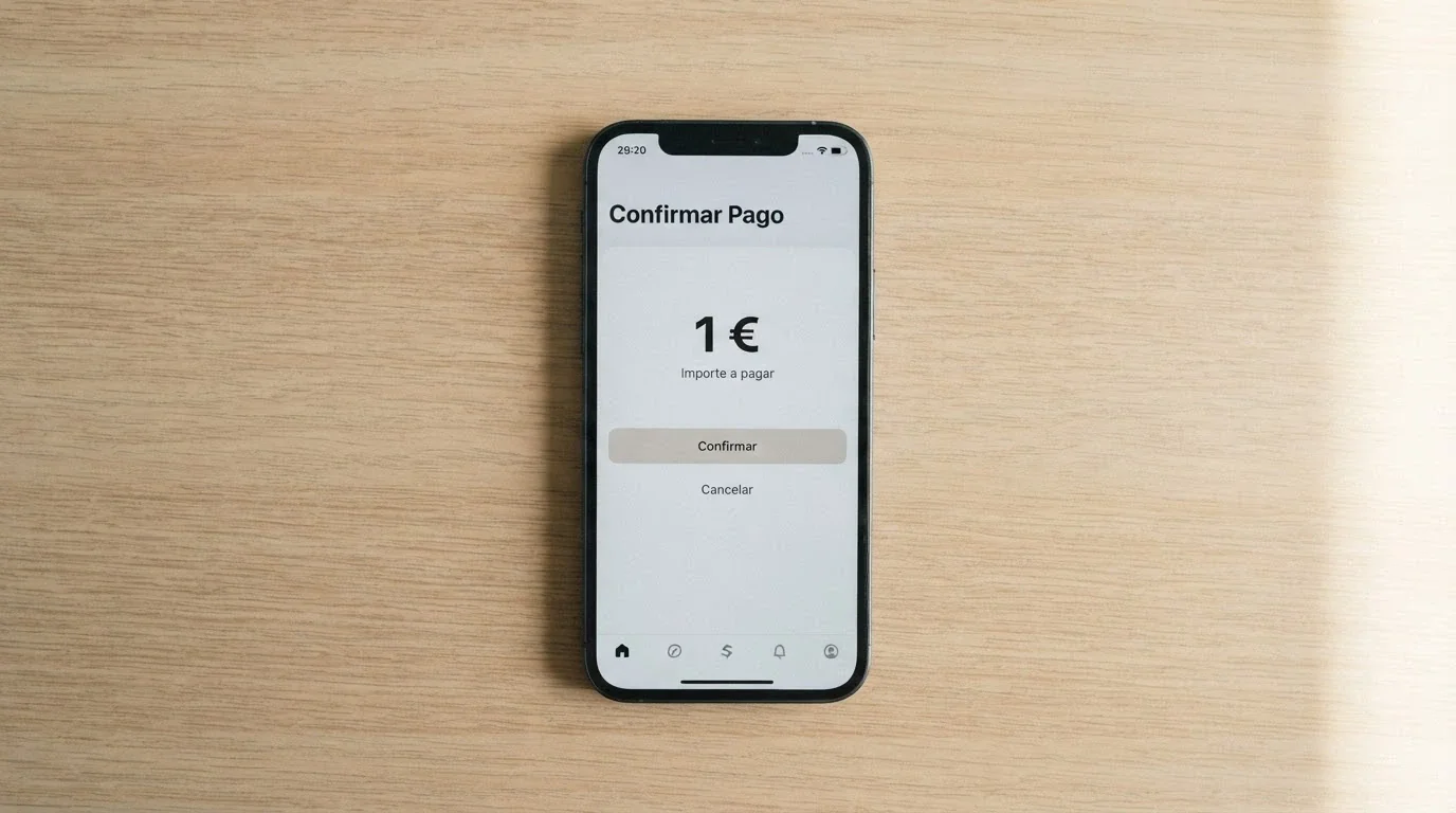 Pantalla de un teléfono móvil mostrando la interfaz de Bizum con un importe de 1 euro y el logotipo de un casino online como destinatario