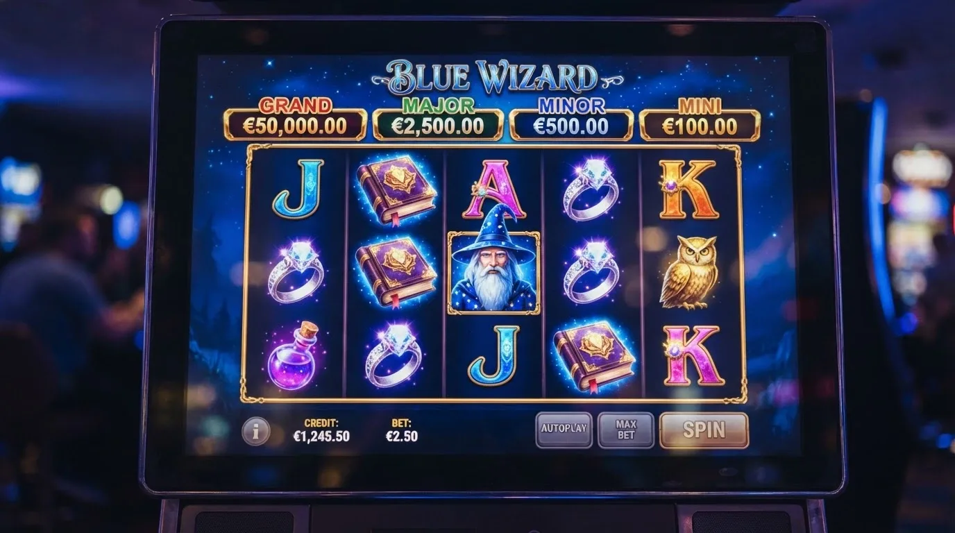 Pantalla de Fire Blaze Blue Wizard con sus 5×3 rodillos, símbolos de temática mágica y los cuatro jackpots visibles sobre los carretes