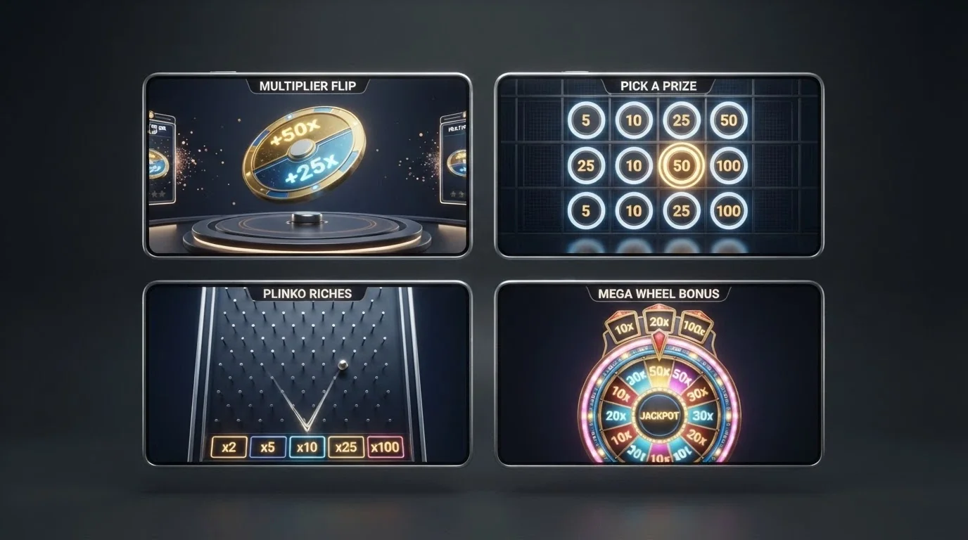 Collage de las cuatro pantallas de bonificación: la moneda de Coin Flip, el muro de dianas de Cash Hunt, el tablero de clavos de Pachinko y la ruleta gigante de Crazy Time
