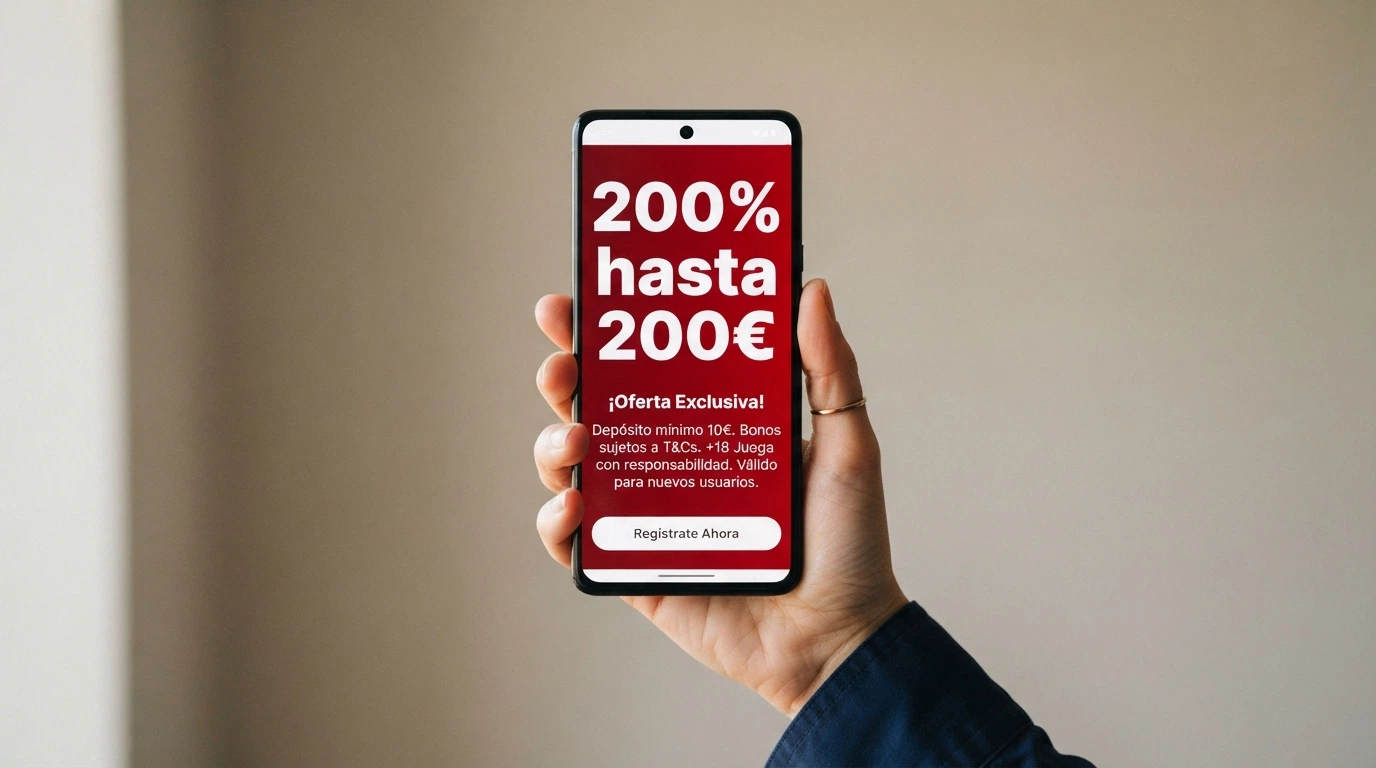 Representación visual de la oferta de bienvenida con el texto «200% hasta 200€» y las condiciones en letra pequeña