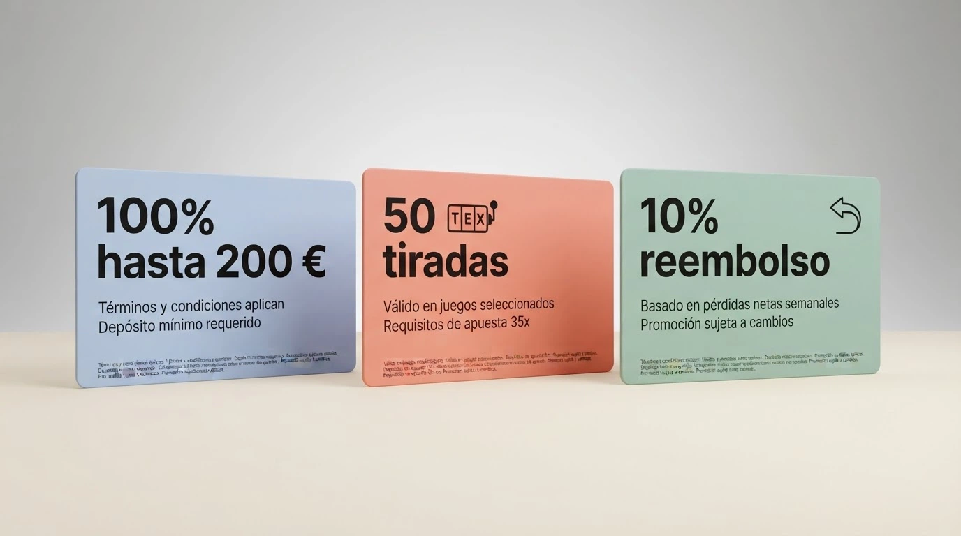 Comparativa visual de tres tarjetas de promoción: una de bono de bienvenida (100% hasta 200 €), una de giros gratis (50 tiradas) y una de cashback (10% de reembolso), cada una con sus condiciones en letra pequeña