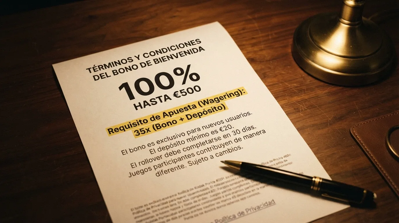 Primer plano de los términos y condiciones de un bono de bienvenida en un casino cripto, con el porcentaje del bono y la letra pequeña del requisito de apuesta resaltados.