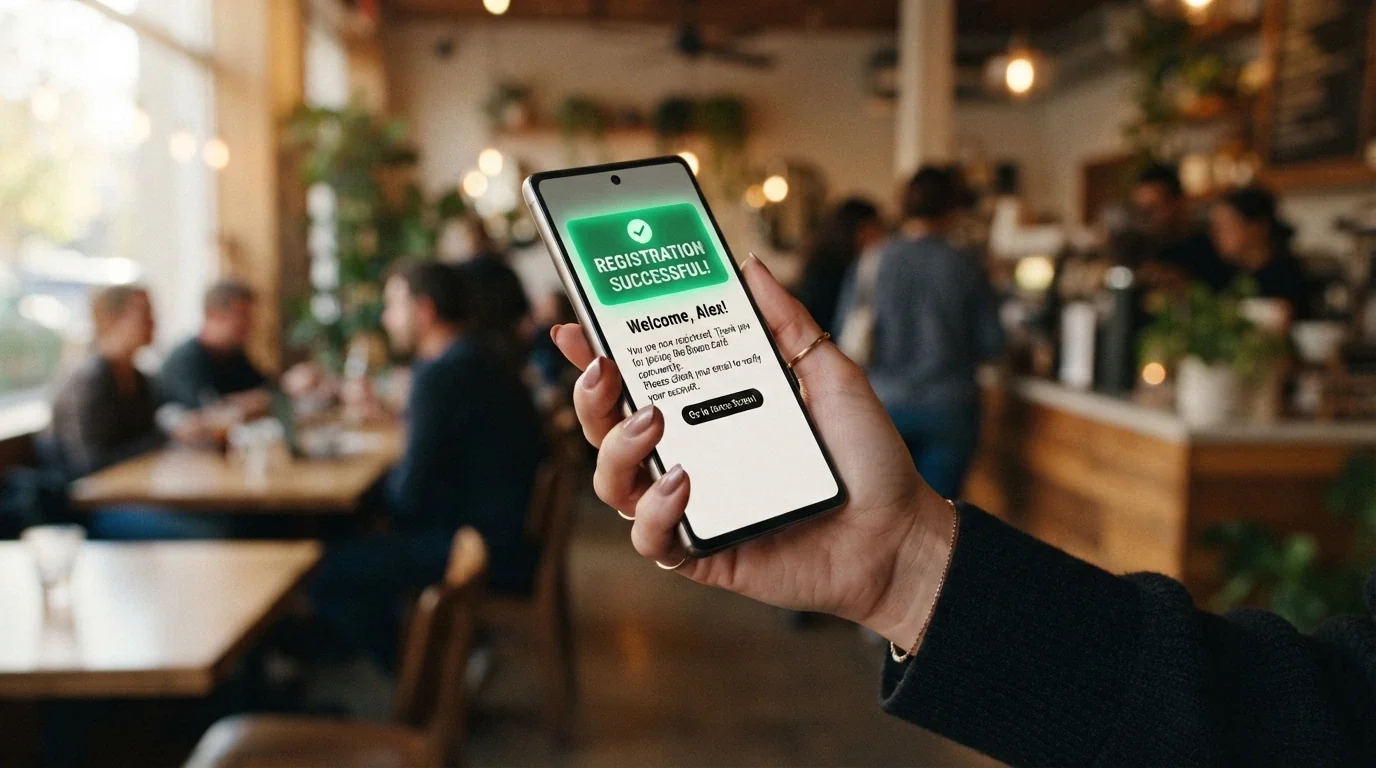 Un teléfono móvil mostrando la pantalla de registro de un casino con la notificación de bono activado, sostenido en la mano