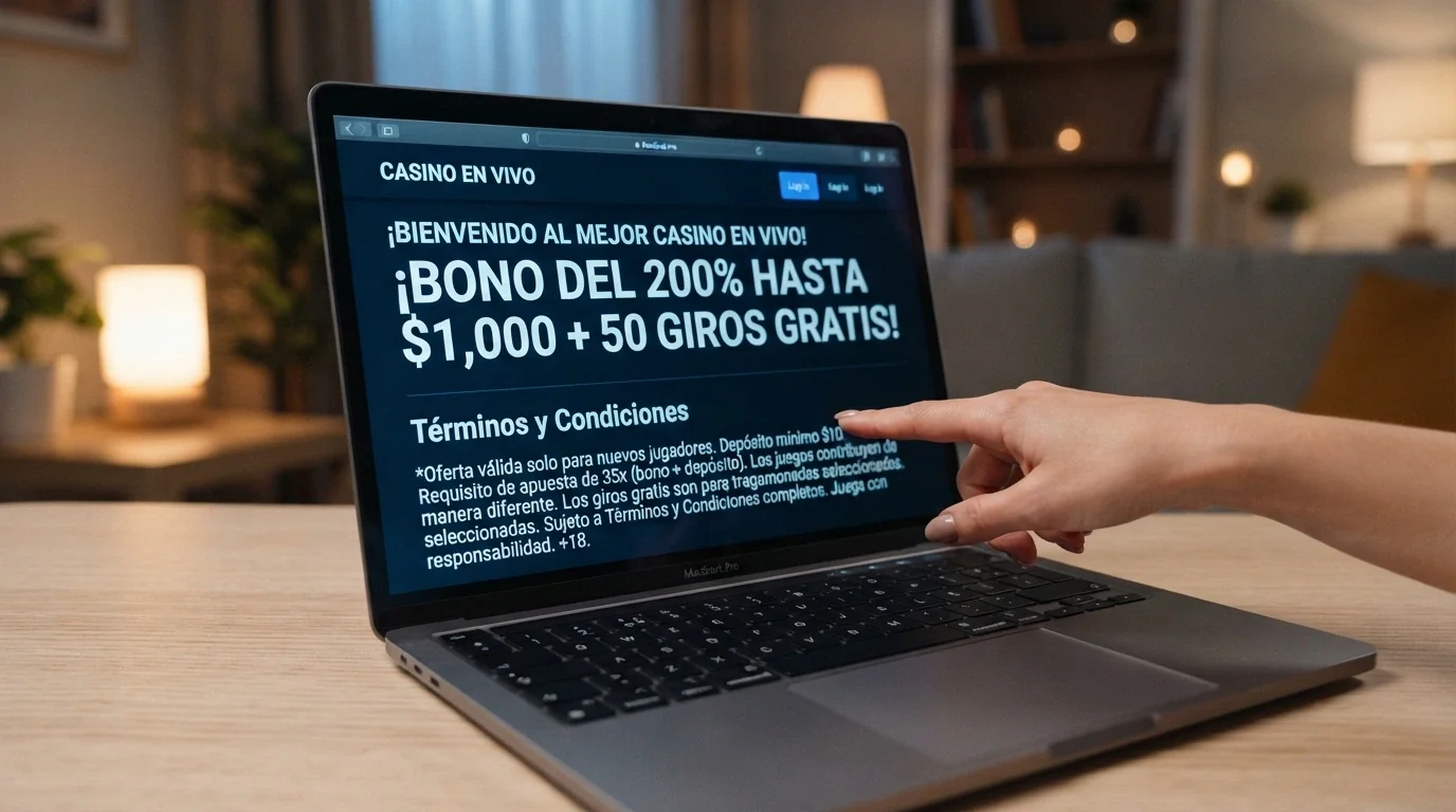 Pantalla de sección de promociones de un casino online con cifras de bono y letra pequeña de requisitos de apuesta visibles