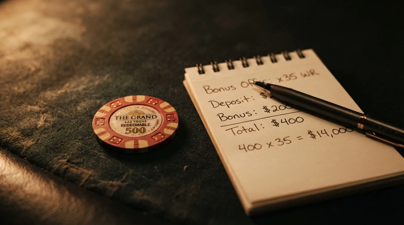 Un primer plano de una ficha de casino con el logo de Dogecoin, acompañada de un texto que detalla un requisito de apuesta x50