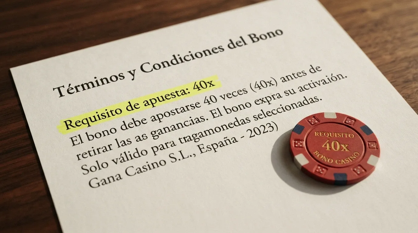 Primer plano de los términos de un bono de casino con el requisito de apuesta resaltado