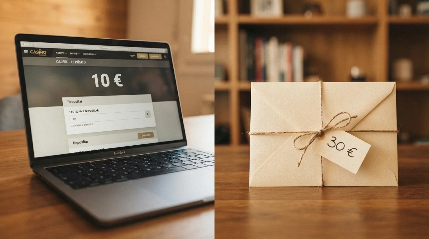 Pantalla dividida: a la izquierda, el mensaje «depósito mínimo para el bono: 10 €» en la caja de un casino; a la derecha, un sobre de regalo con la etiqueta «bono sin depósito: 30 €»