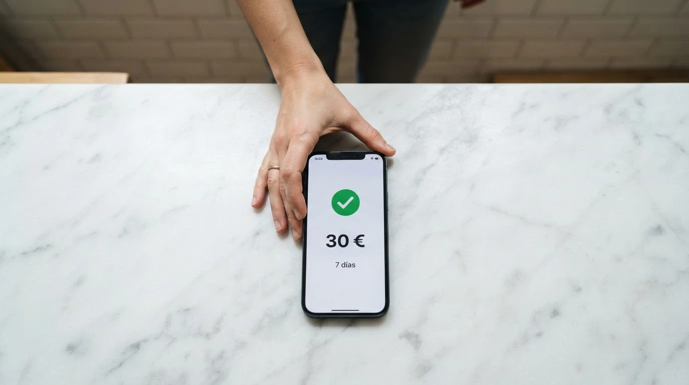 Un móvil mostrando la pantalla de verificación de cuenta completada y, junto a ella, una notificación de «30 € de saldo de regalo activado» con un contador de plazo de 7 días