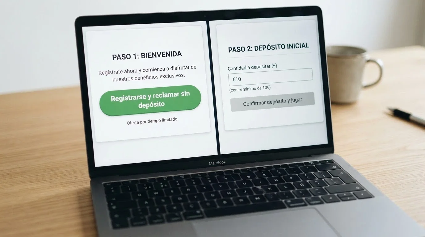 Dos columnas comparativas en pantalla: a la izquierda un botón de «registrarse y reclamar sin depósito», a la derecha un campo de importe de depósito mínimo