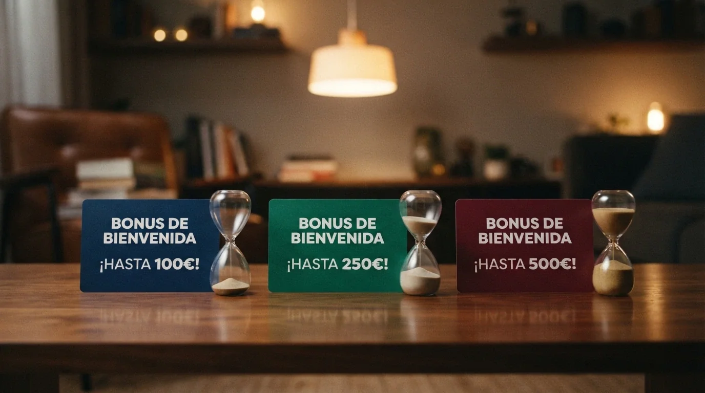 Varias tarjetas de bono de bienvenida alineadas con importes distintos y un cronómetro junto a cada una