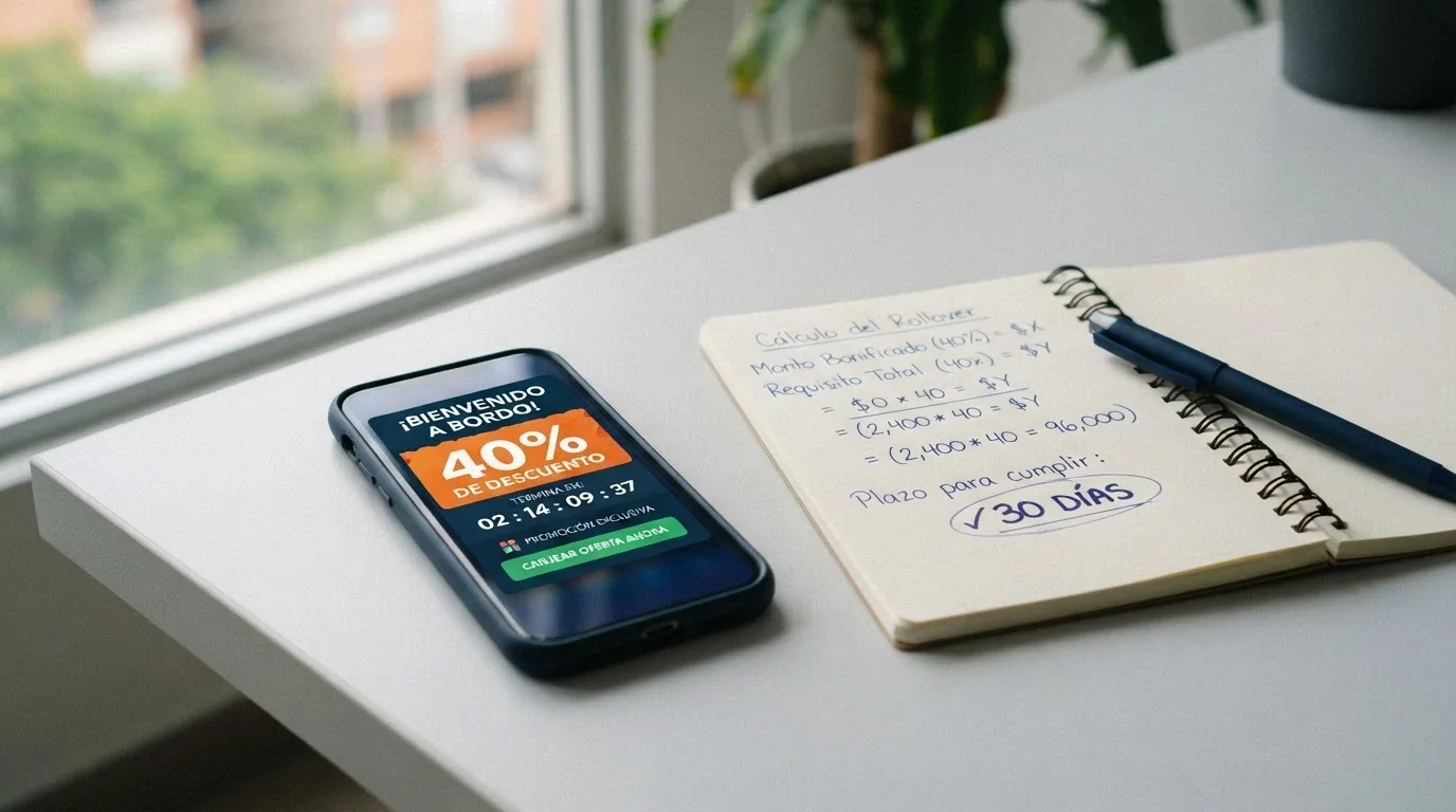 Una notificación de bono de bienvenida en la pantalla de un móvil junto a un bloque de texto con los términos destacados: porcentaje, rollover, vigencia