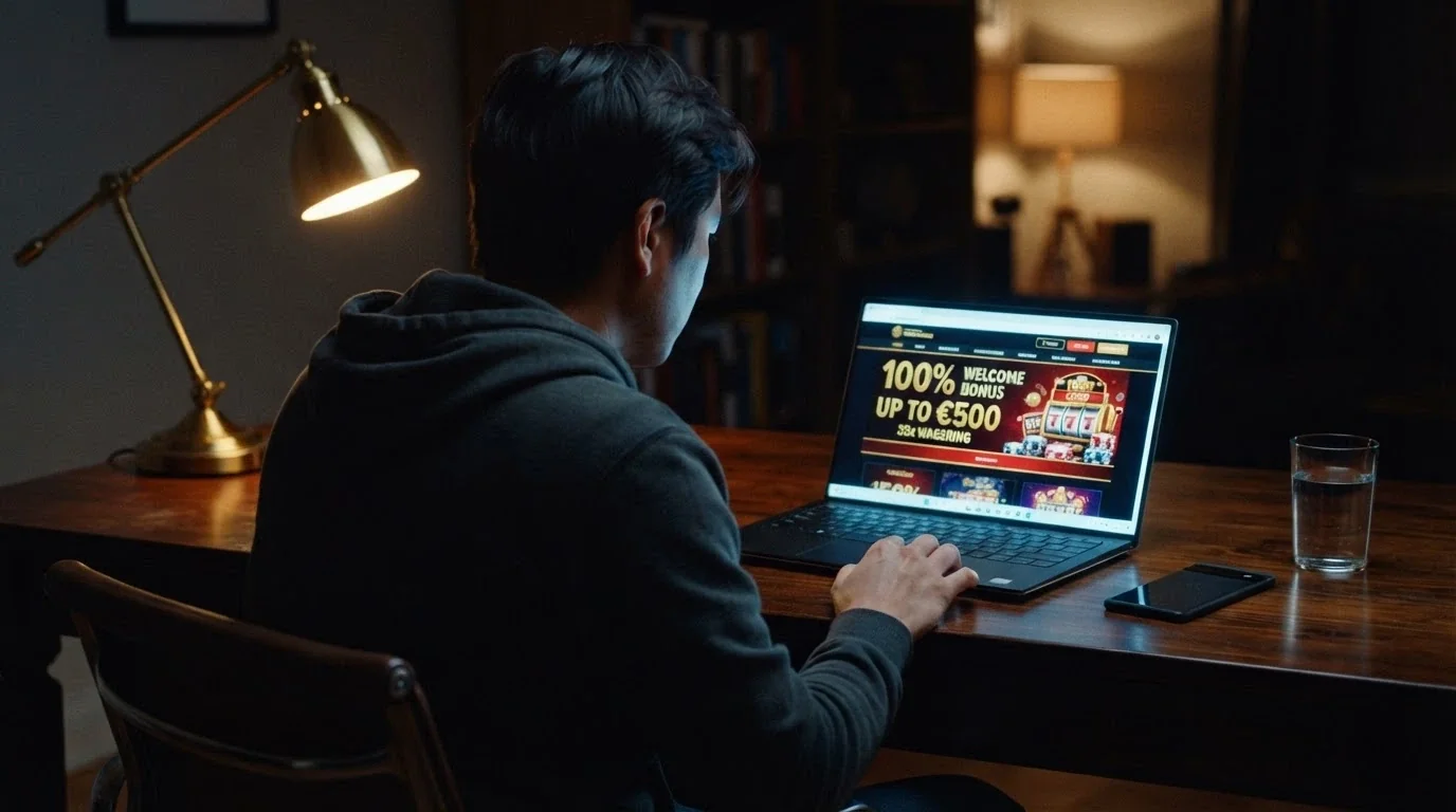 Pantalla de promoción de bono de bienvenida en un casino que acepta criptomonedas con el porcentaje y el rollover visibles