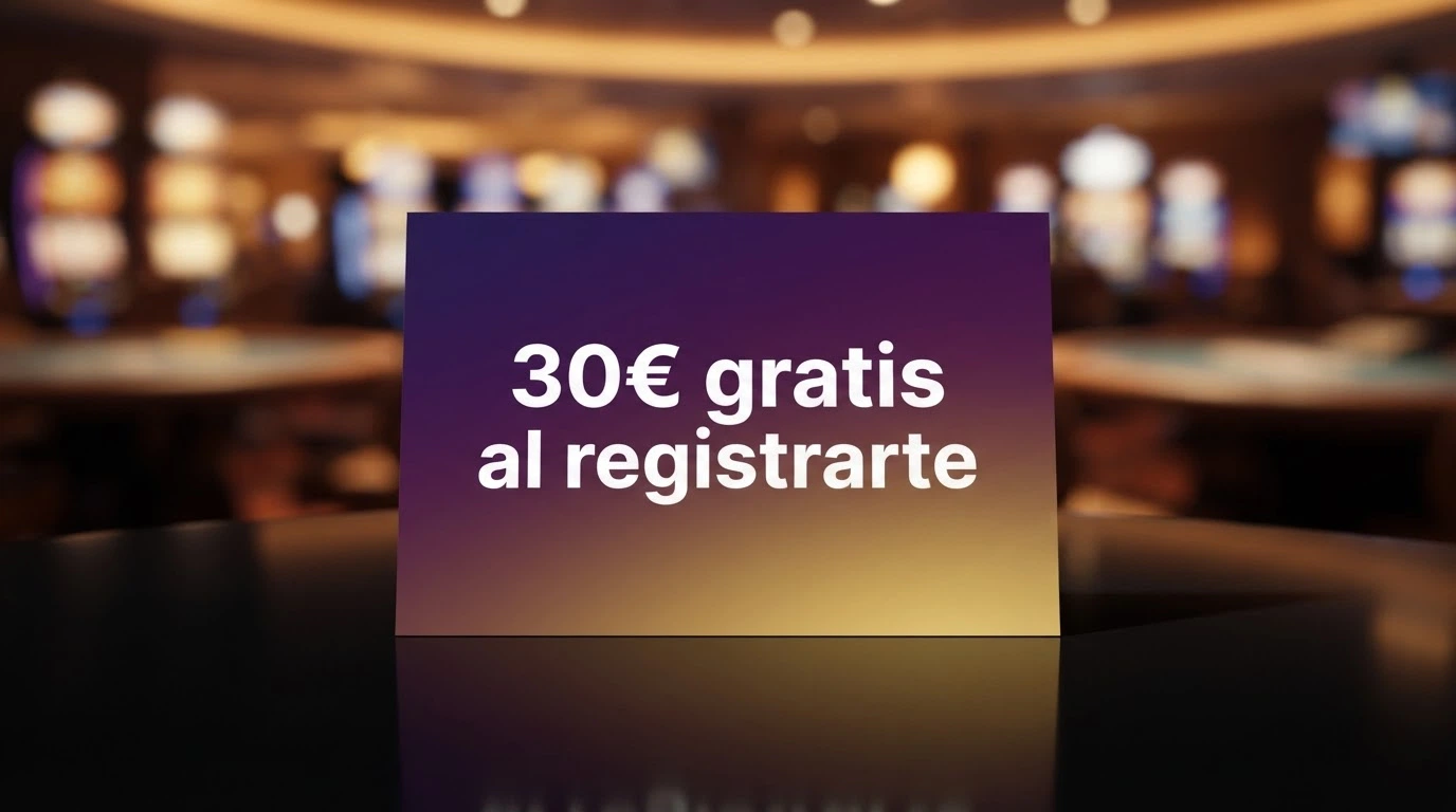 Tarjeta promocional de un bono sin depósito con el texto «30€ gratis al registrarte» sobre el fondo de un casino online