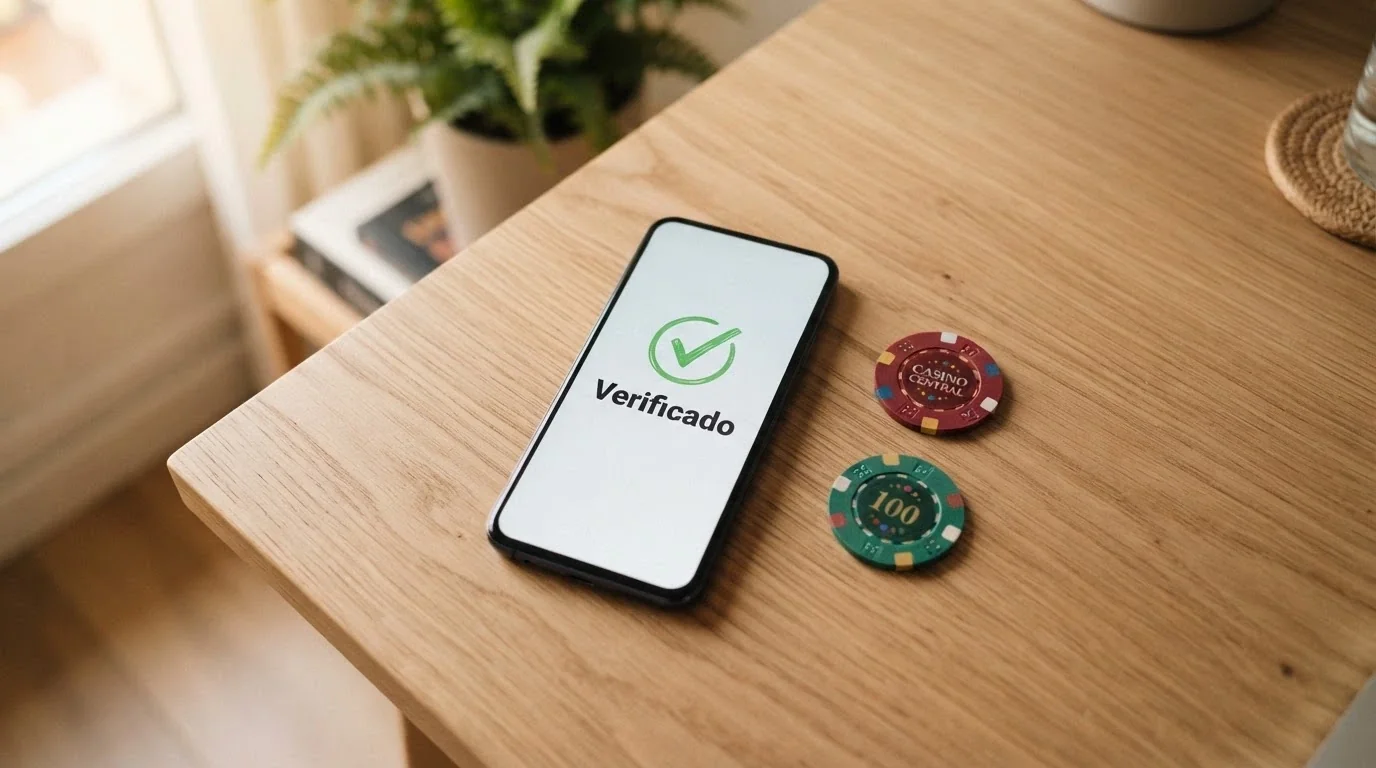 Chips de casino sobre un móvil con la pantalla de verificación de cuenta de un operador con licencia DGOJ