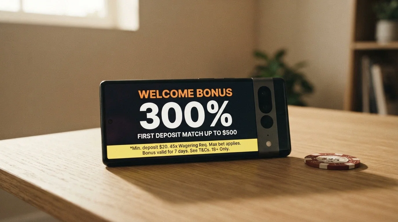 Pantalla promocional de un casino online con el texto «200% hasta 25.000 €» y la letra pequeña del rollover resaltada en la parte inferior