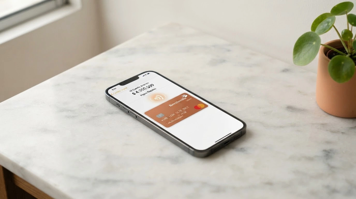 La app CaixaBank Pay abierta en un smartphone Android mostrando una tarjeta Visa digitalizada y el icono NFC activo