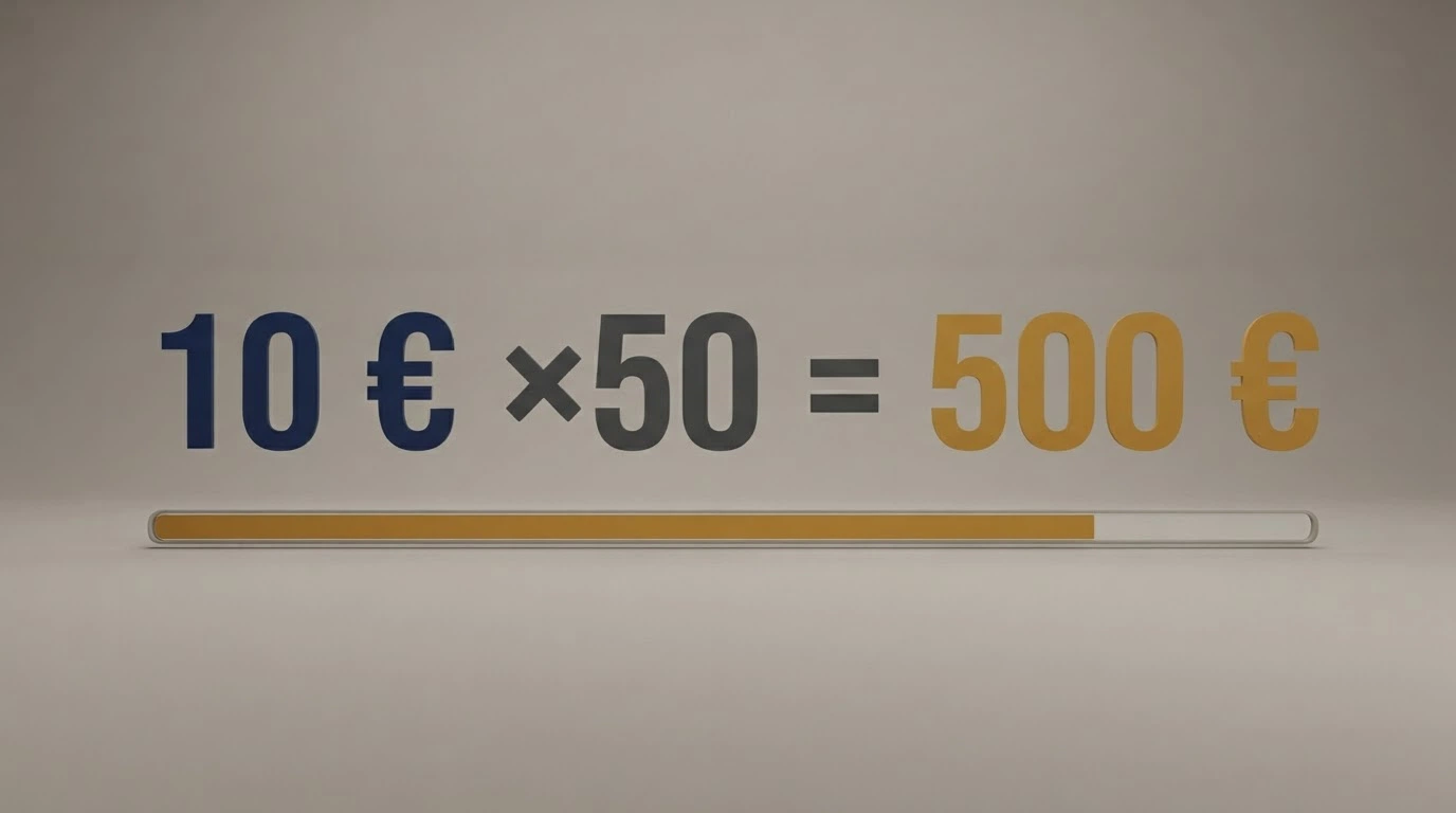 Representación visual del cálculo de un rollover: un bono de 10 € multiplicado por x50 igual a 500 € de volumen de apuesta requerido