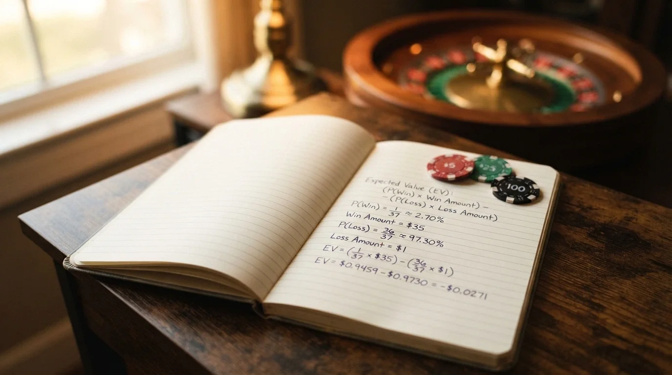 Una hoja de cálculo o libreta con la fórmula del rollover anotada junto a fichas de casino y una ruleta en segundo plano
