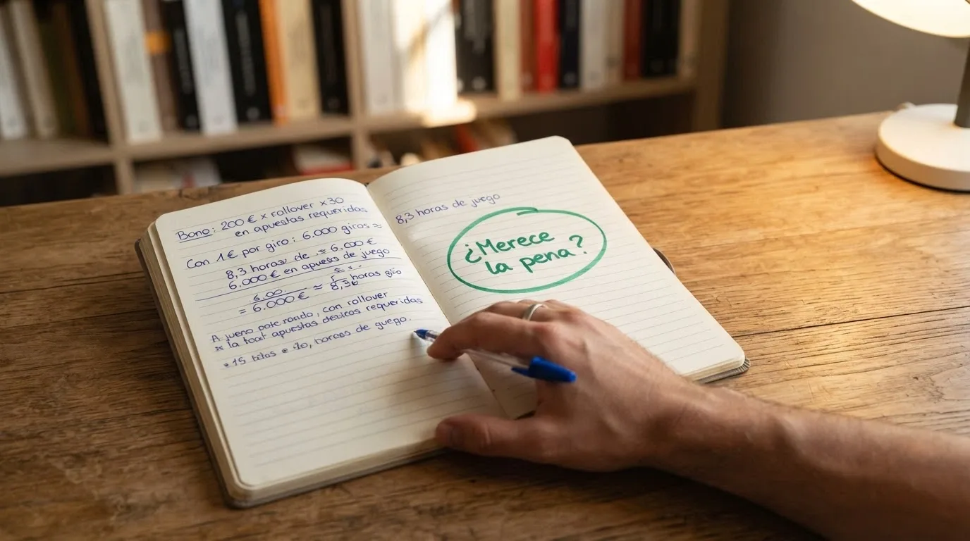 Una libreta con anotaciones a mano: «Bono: 200 € × rollover x30 = 6.000 € en apuestas requeridas. Con 1 € por giro: 6.000 giros ≈ 8,3 horas de juego» y, al lado, un círculo verde con «¿Merece la pena?»