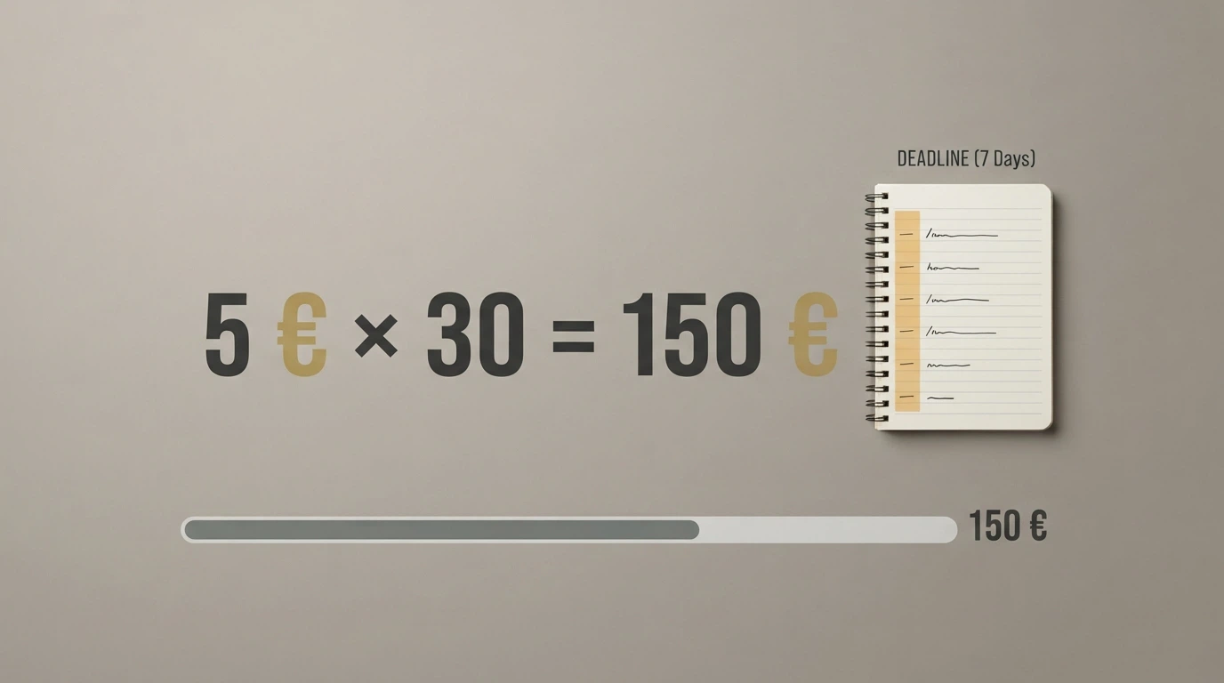 Representación de una calculadora con la operación 5 € × 30 = 150 €, acompañada de un calendario que marca 7 días