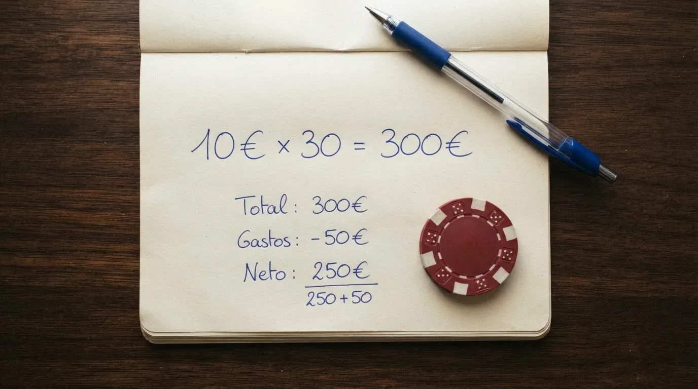 Una calculadora junto a una pizarra con la fórmula «10€ × 30 = 300€» escrita, y una ficha de casino al lado