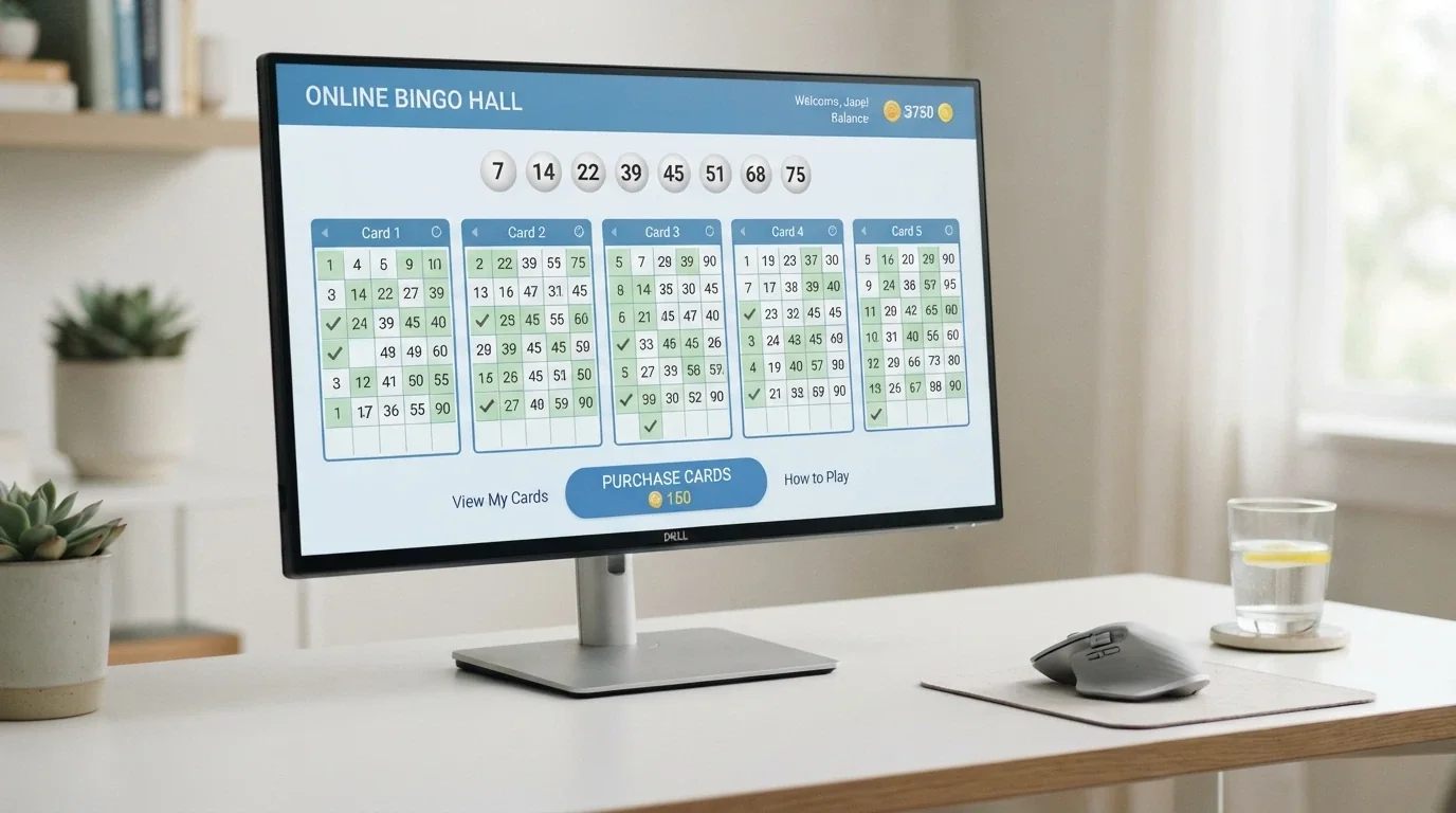 Interfaz de una sala de bingo online con varios cartones activos y el panel de extracción de bolas en pantalla