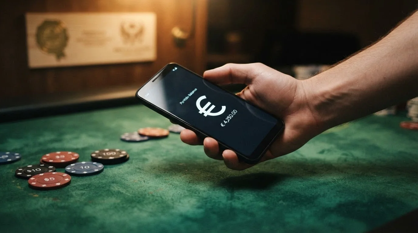 Mano retirando fichas de casino directamente, sin pasar por requisitos de apuesta, con el sello de licencia DGOJ visible