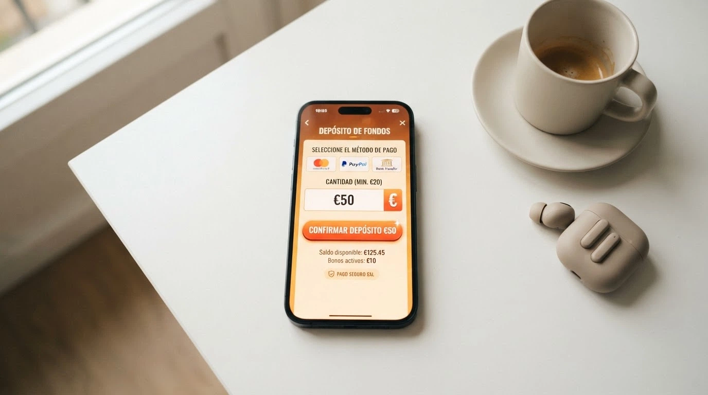 Un iPhone en horizontal mostrando la interfaz de un casino online español con el botón de Apple Pay visible en la pantalla de depósito