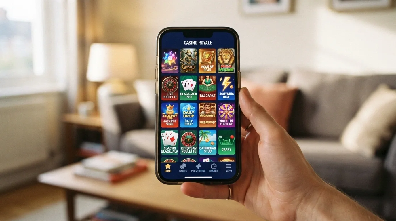 Mano sosteniendo un teléfono móvil con la interfaz de un criptocasino abierta en el navegador, mostrando que se ve y funciona como una app nativa