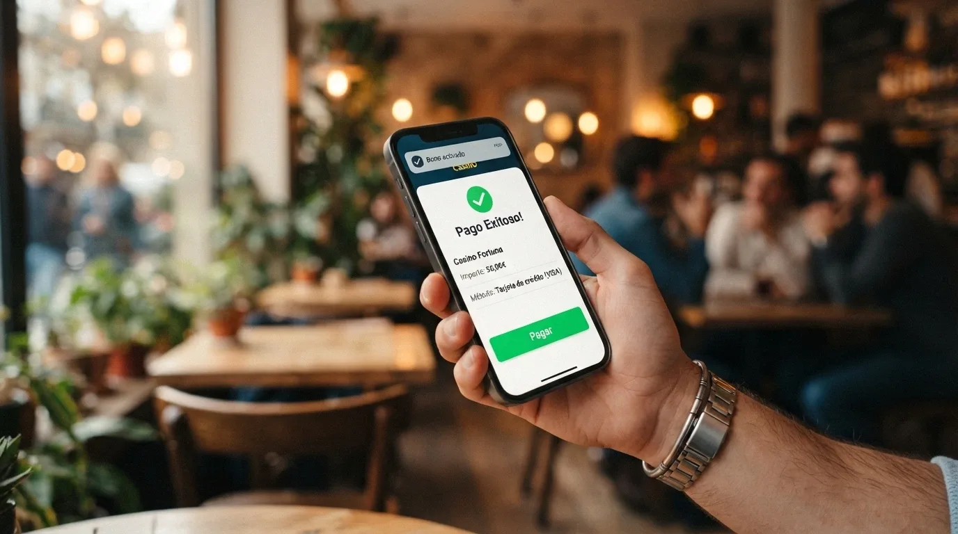 Un teléfono móvil mostrando la pantalla de registro de un casino con el botón «Bizum» resaltado, junto a una notificación push de «bono activado»