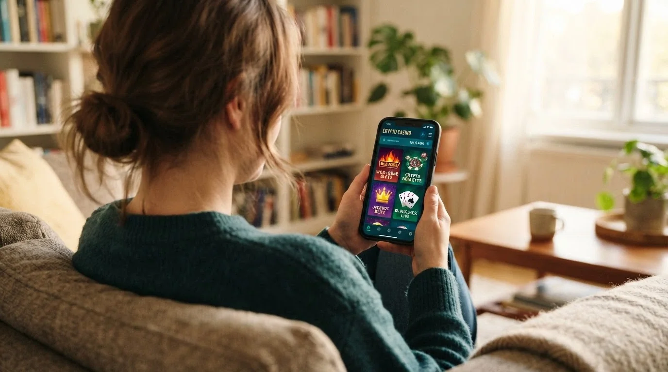Mano sujetando un teléfono en vertical con la interfaz de un casino online abierta y el logo de Cardano visible en la sección de pagos