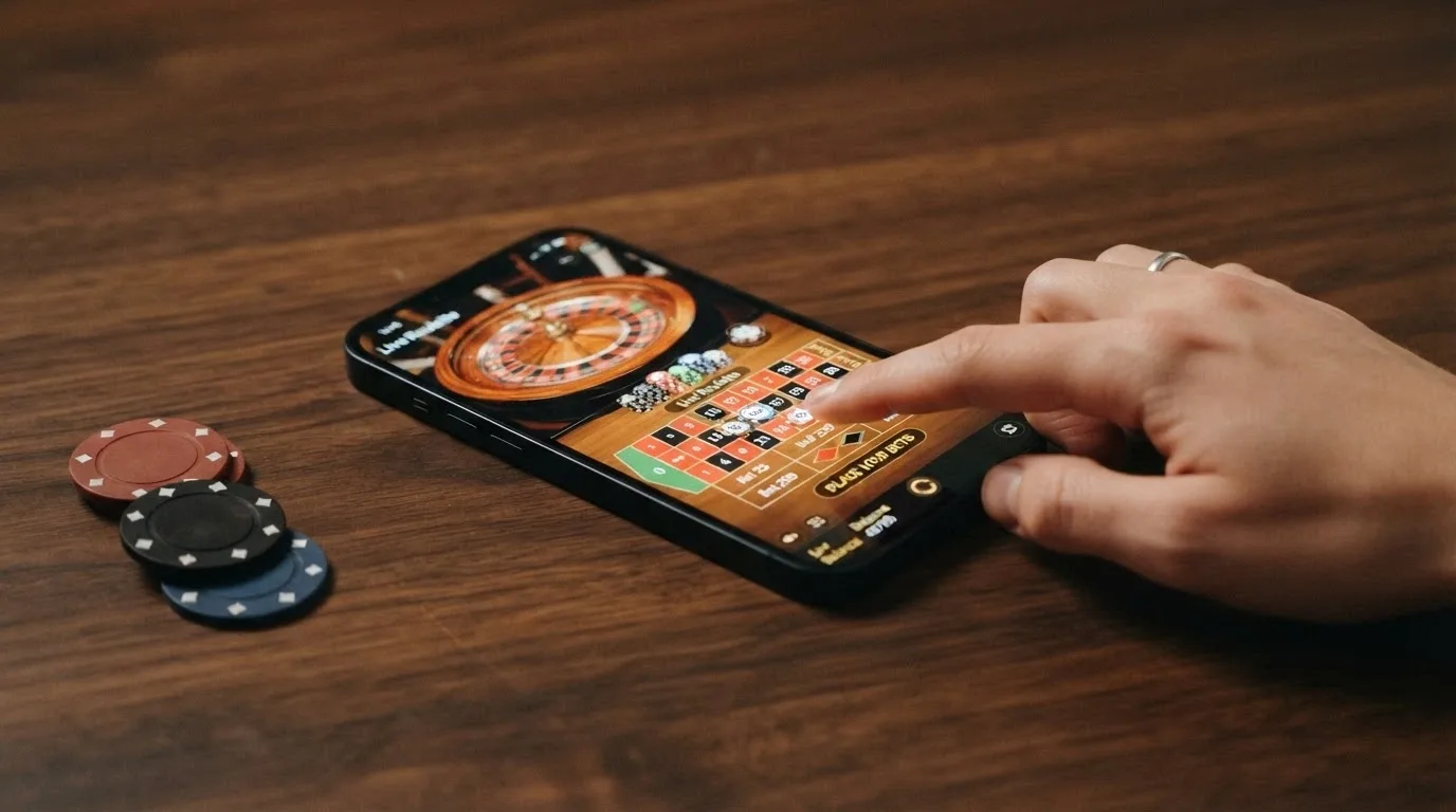 Teléfono móvil mostrando una mesa de ruleta en vivo de Evolution con la interfaz táctil adaptada
