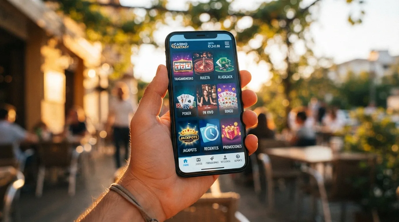 Mano sosteniendo un teléfono móvil con interfaz de casino online abierta en el navegador