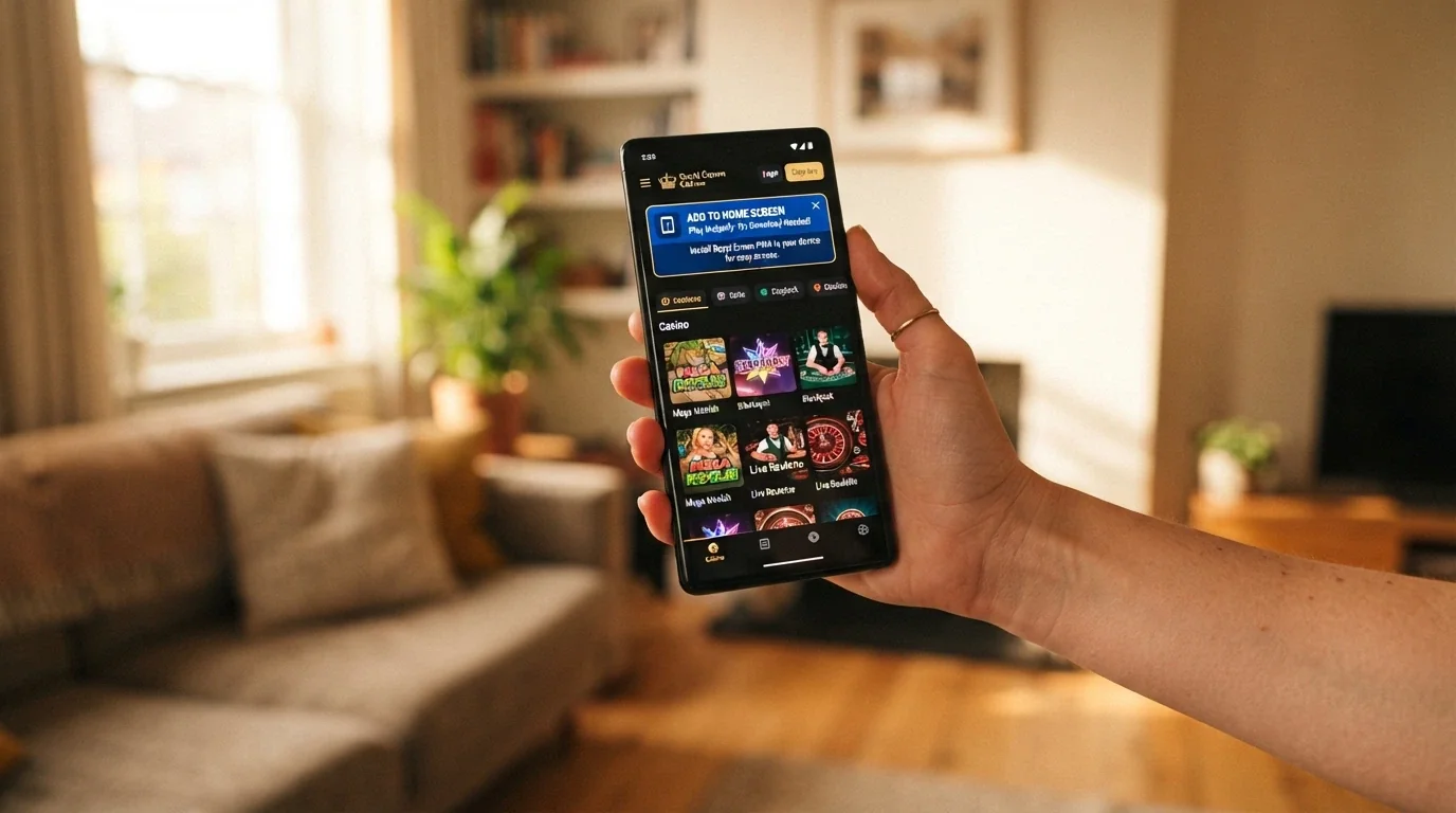 Teléfono móvil en vertical mostrando la interfaz adaptada de un casino online con USDC, con el icono de «Añadir a pantalla de inicio» visible