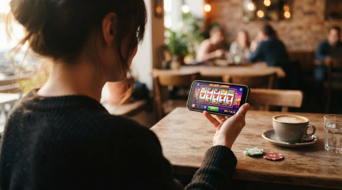 Una mano sosteniendo un teléfono móvil en horizontal mostrando un casino online con Tether, con fichas de póquer y monedas USDT sobre la mesa