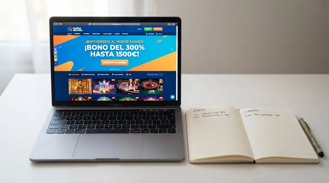 La interfaz de un casino online con el texto «Nuevo casino — ofrece bono del 300%» y un calendario que solo muestra dos meses de actividad