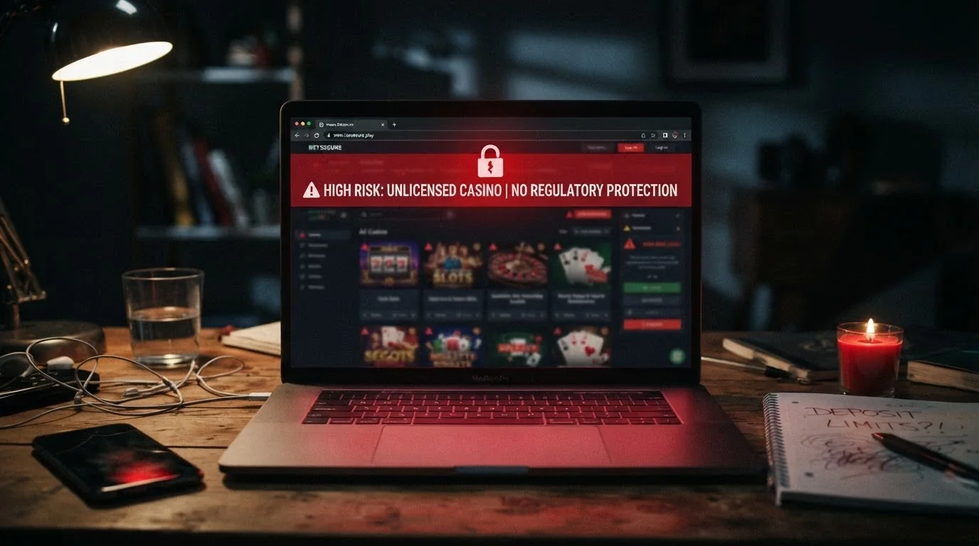 Pantalla de un casino online sin licencia española con una alerta de seguridad superpuesta en rojo y un candado roto