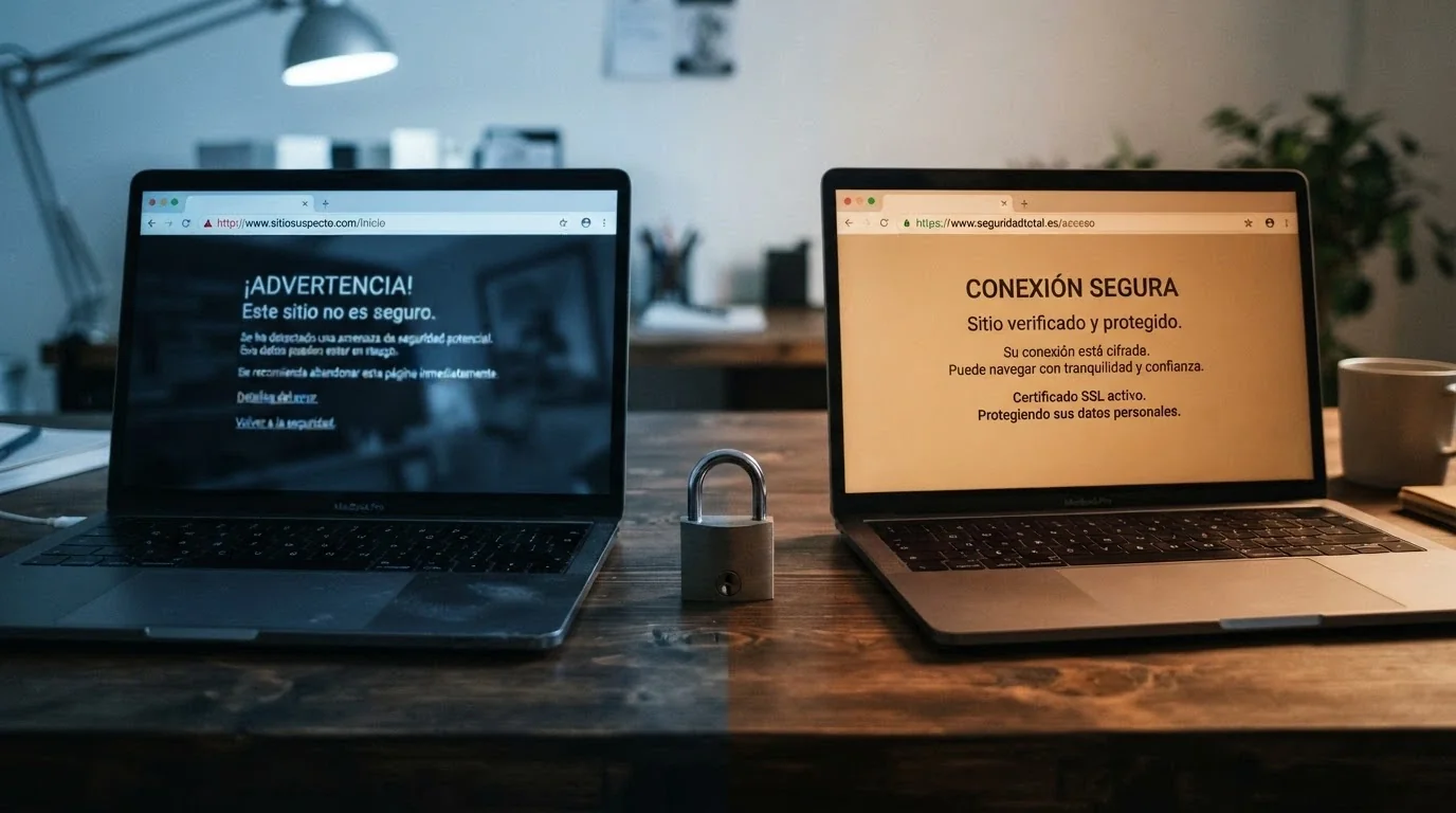 Pantalla dividida: a la izquierda un casino con dominio .com y un icono de advertencia, a la derecha uno con dominio .es y un candado verde