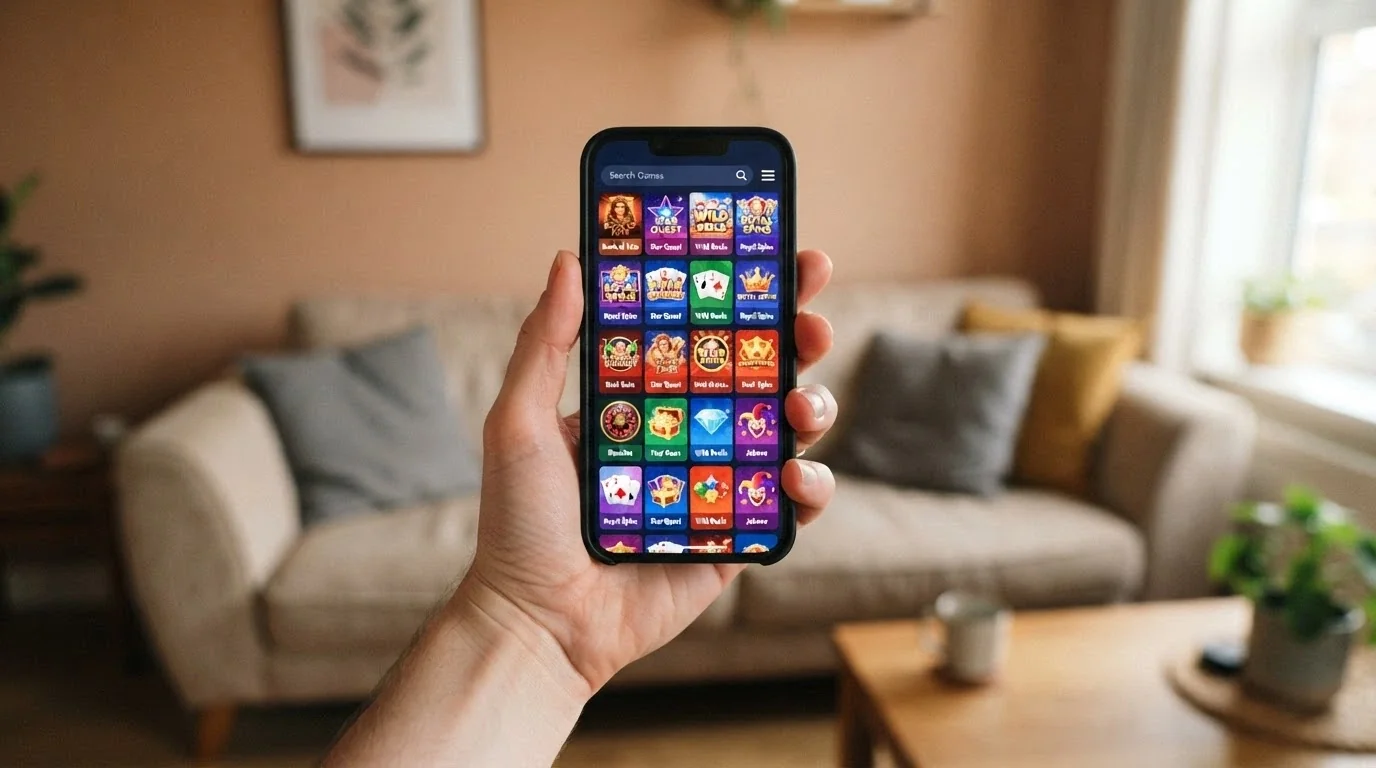 Interfaz móvil de un casino que acepta Solana mostrando el catálogo de juegos en la pantalla de un teléfono
