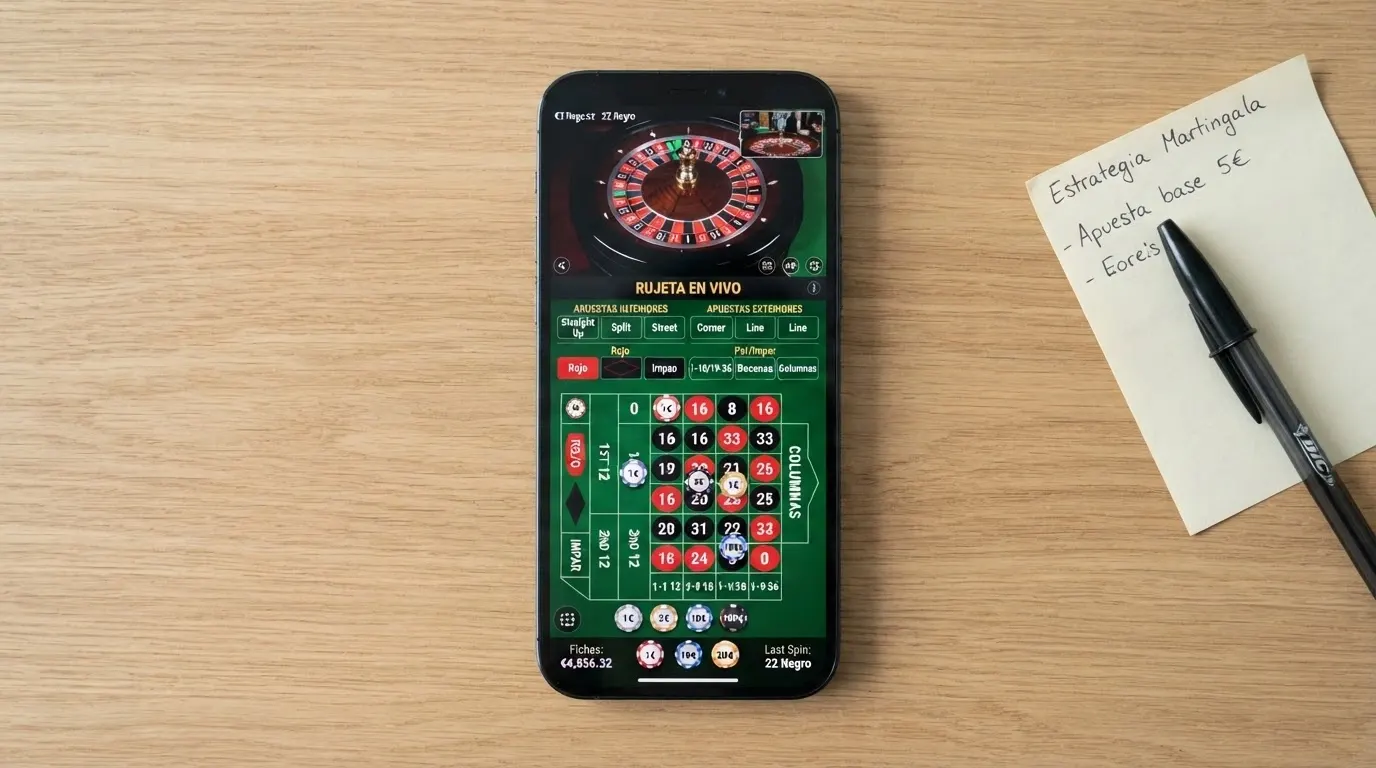 Teléfono móvil mostrando una mesa de ruleta en vivo en vertical, con la interfaz de apuestas adaptada a pantalla táctil