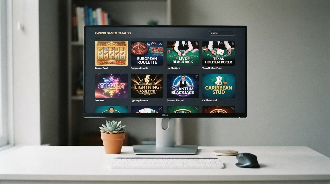 Una cuadrícula con miniaturas de distintos juegos de casino — tragaperras, ruleta, blackjack y póker — sobre un fondo de interfaz de casino online