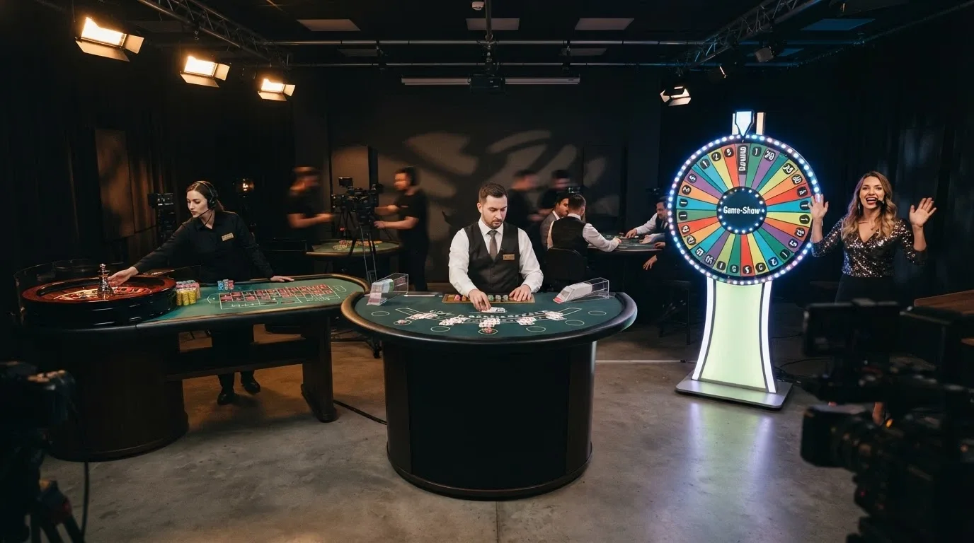 Collage de mesas de ruleta, blackjack y game show de Evolution con crupieres en acción