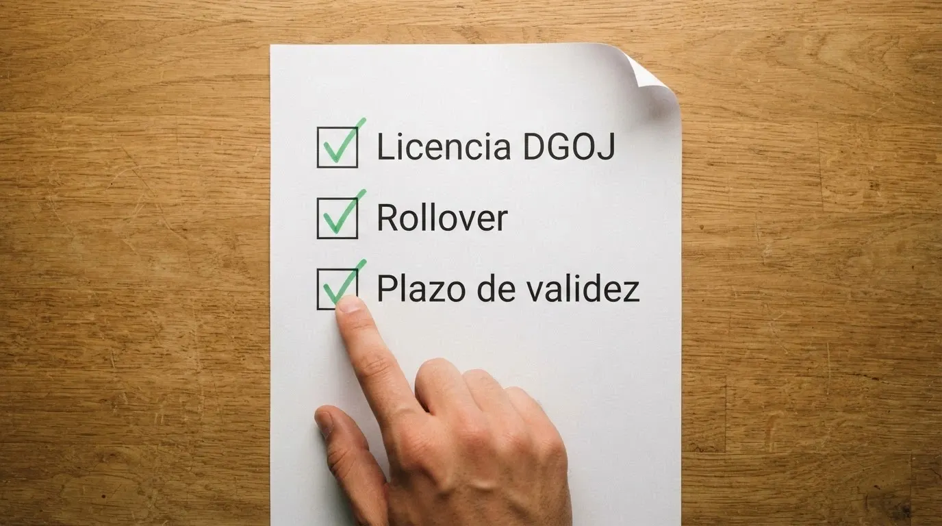 Una lista de verificación con tres casillas: licencia DGOJ, rollover y plazo de validez; las tres aparecen marcadas en verde
